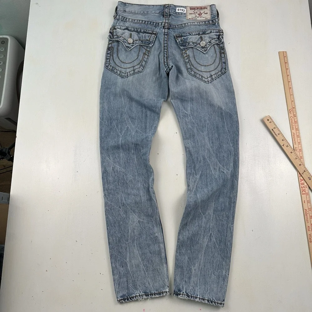 True Religion Slim Fit Jeans Men 29x34 Blue Distressed Flap Pockets‎ Light Wash